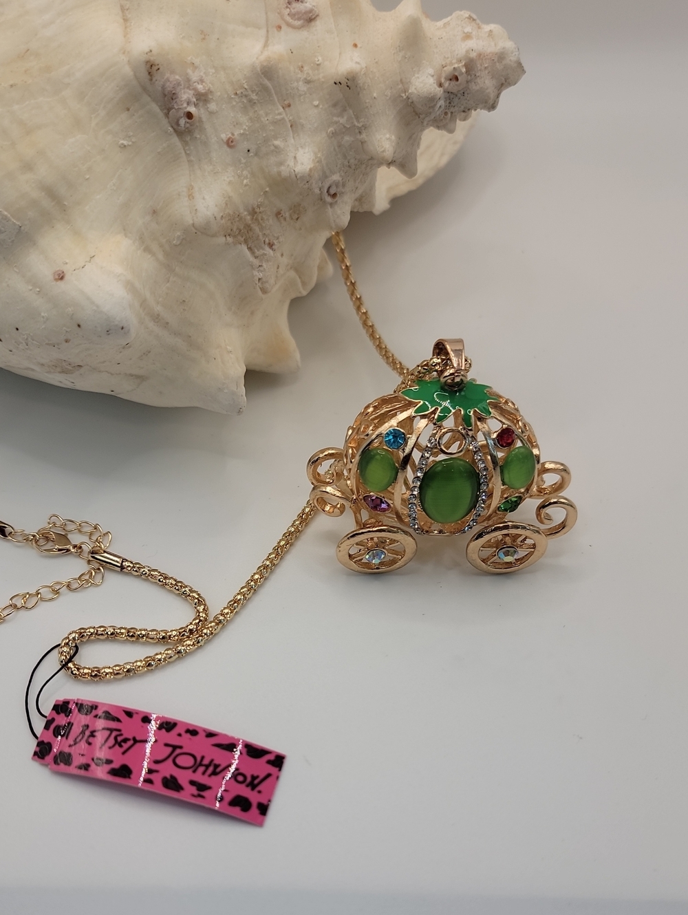 Betsey Johnson Gold-Tone Green Enamel Carriage Pendant Necklace